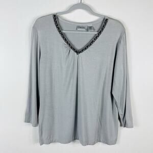 Chico's Size Large 12 2 Beaded V-Neck 3/4 Sleeve Top Gray